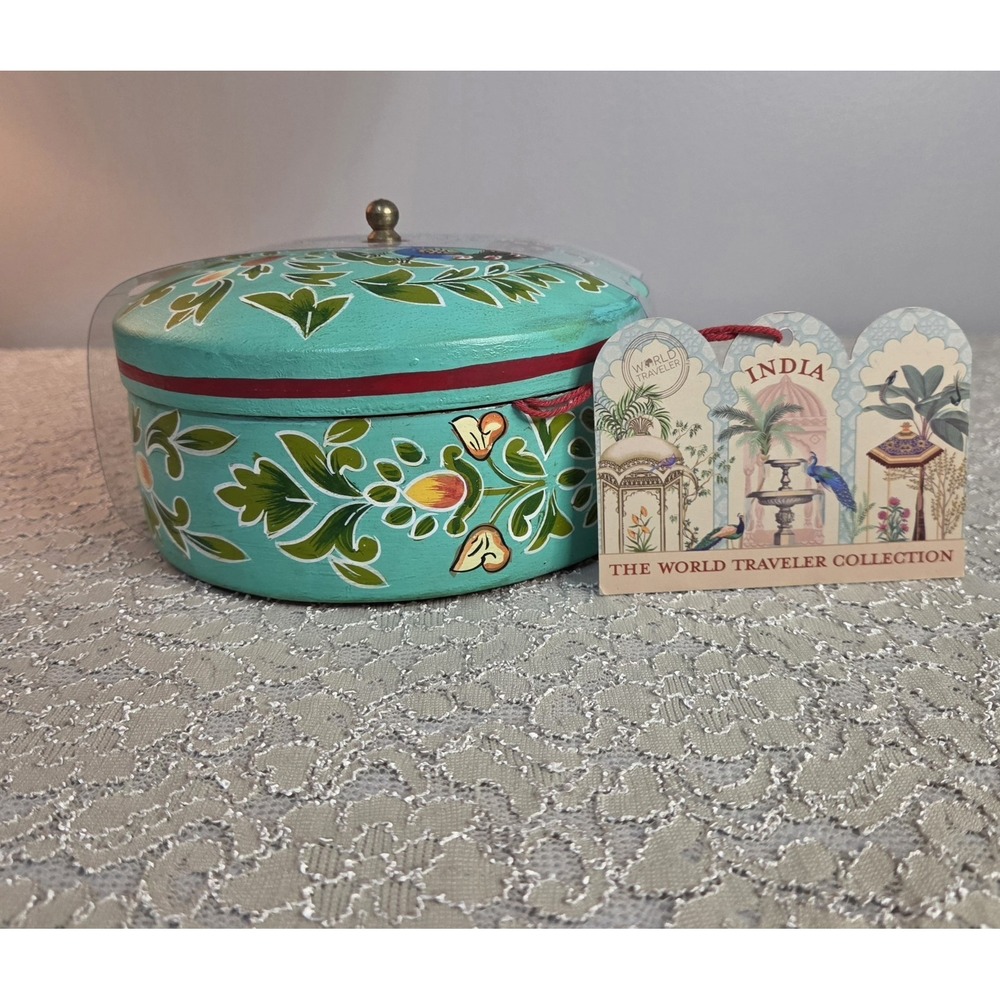 World Traveler Collection India Hand Painted Floral Wooden Tiffin Box Decorative